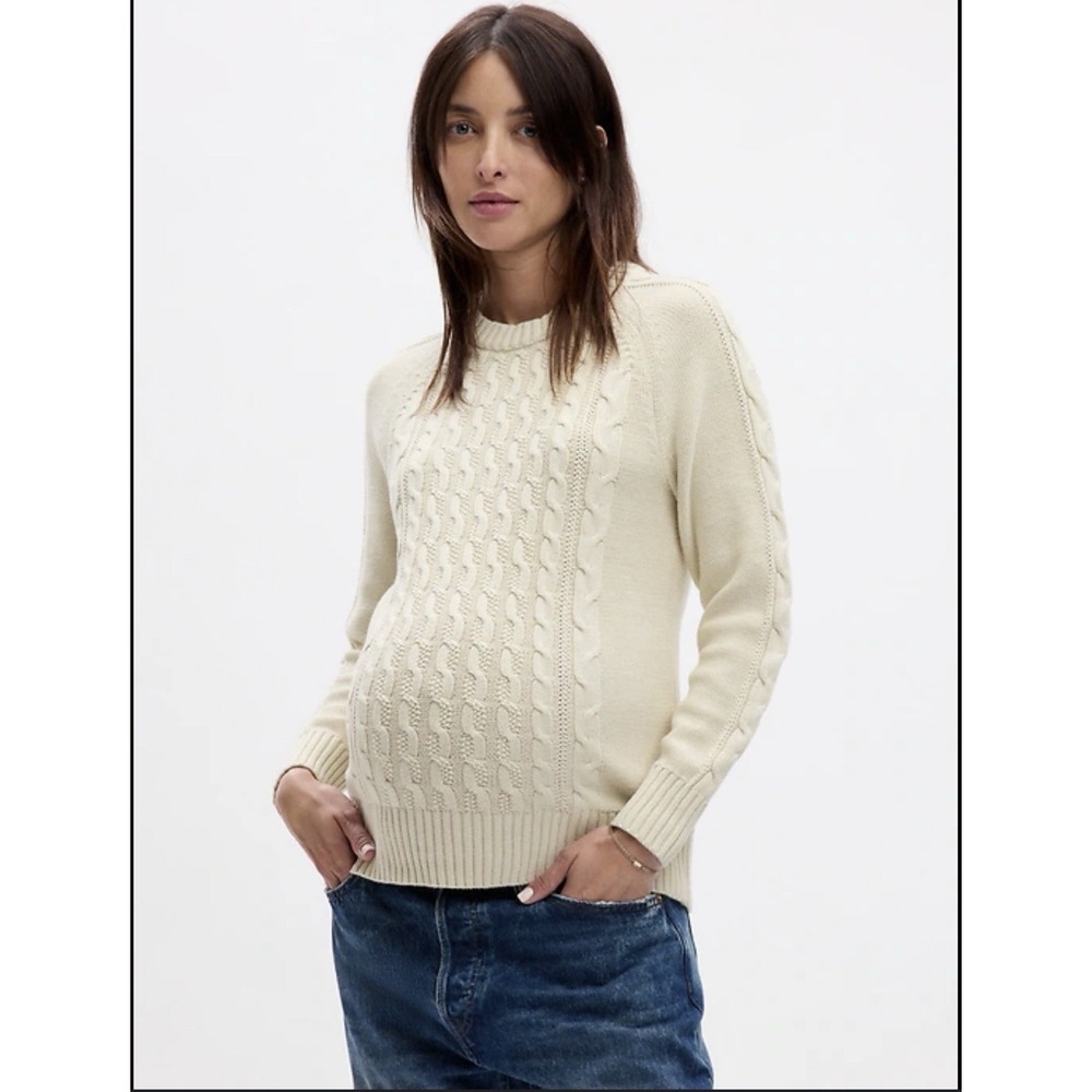 Gap Maternity Women's Crew Neck Cable Knit Long Sleeve‎ Sweater Cream Sz M cozy